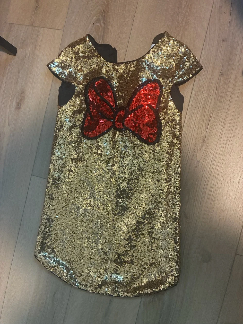 Girls Sequin Bow Party Dress - Gold with Red Bow